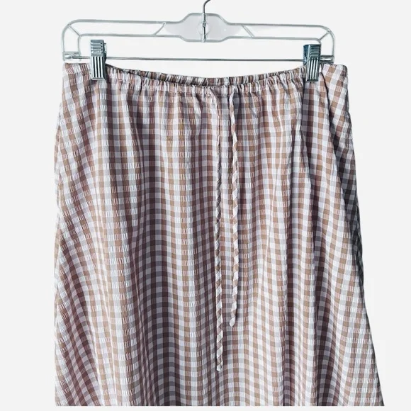 Emerson Lang Gingham Bubble Hem Midi Skirt Medium Beige White - Picture 2 of 7